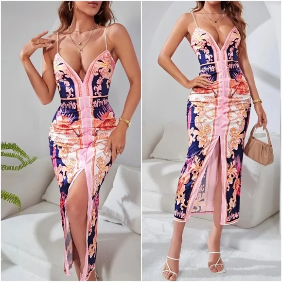 Luxe Floral Print Sexy Evening Bodycon Dress - Picture 4 of 8